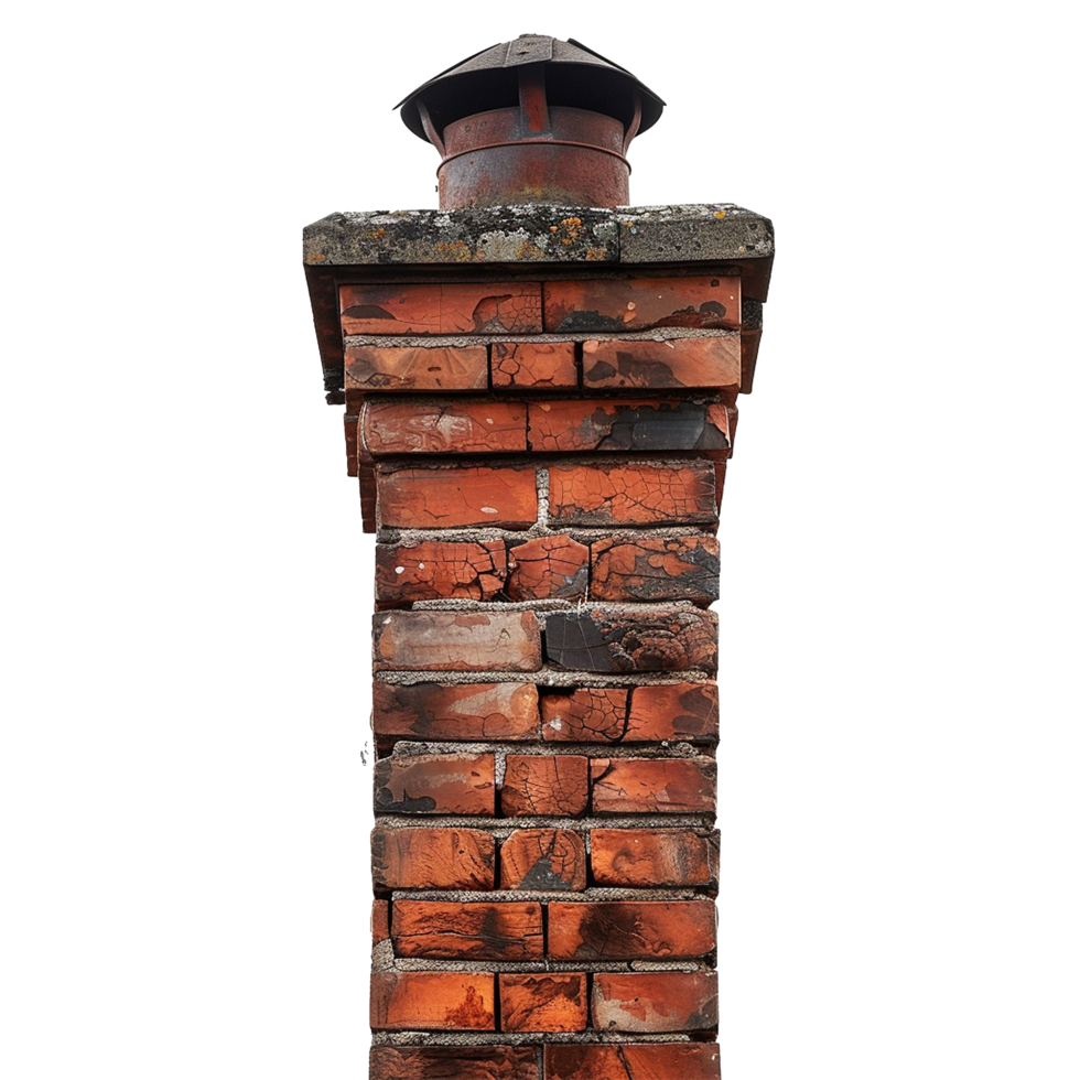 Weathered brick chimney with rusty metal cap outdoor structure png