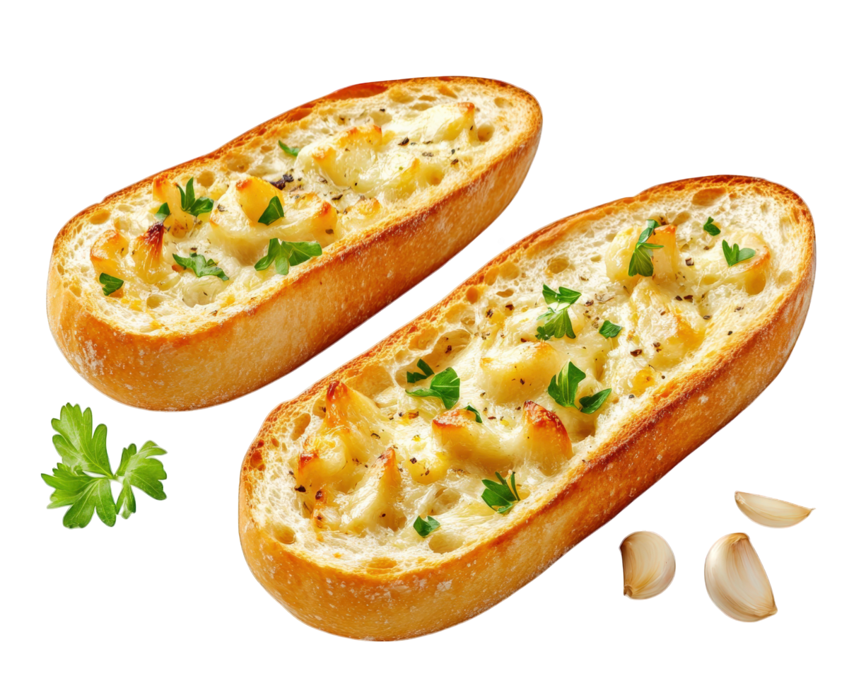 Two pieces of bread with garlic and parsley png