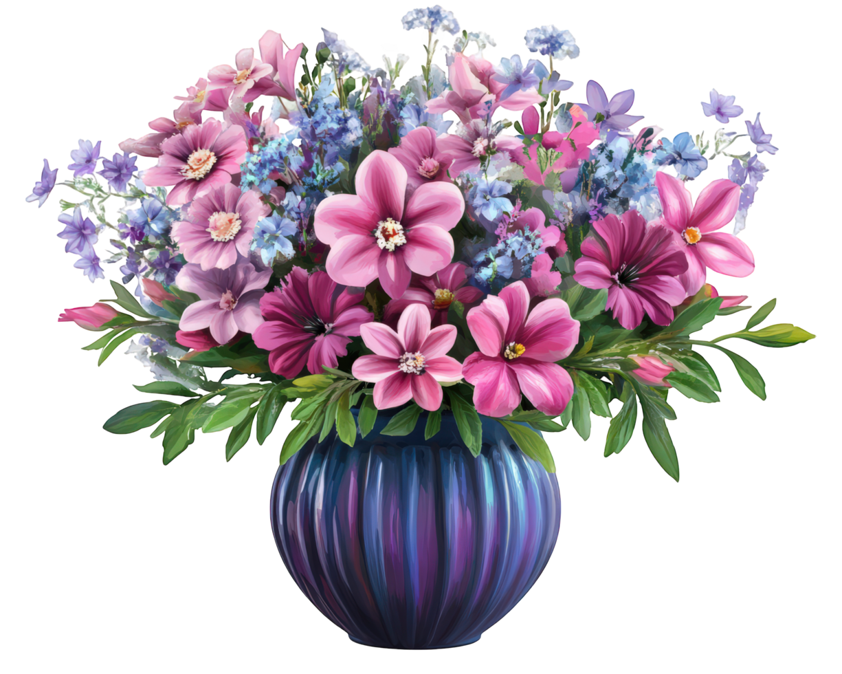 A vase filled with purple and blue flowers png