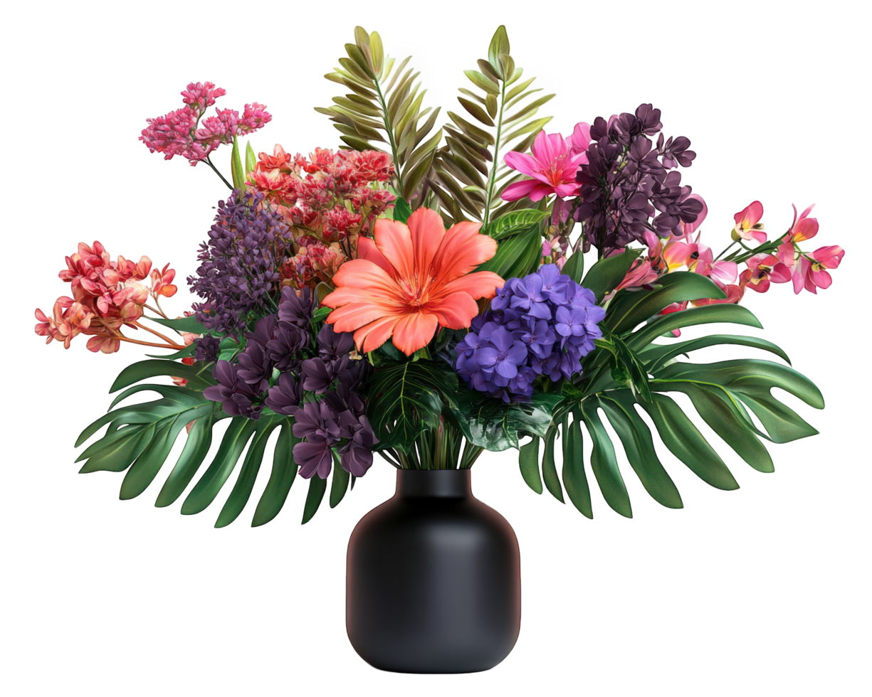 A vase with purple and pink flowers in it png