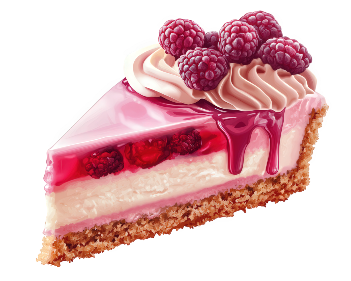A slice of cheesecake with raspberries on top png