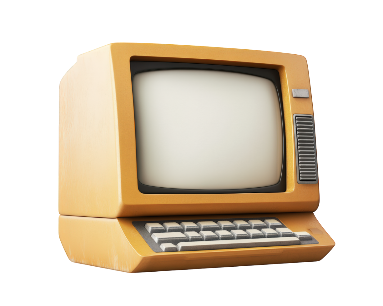 An old fashioned computer with a keyboard and monitor png