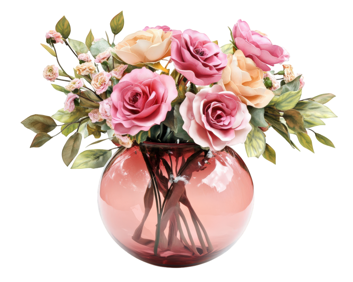 A vase with pink roses in it png
