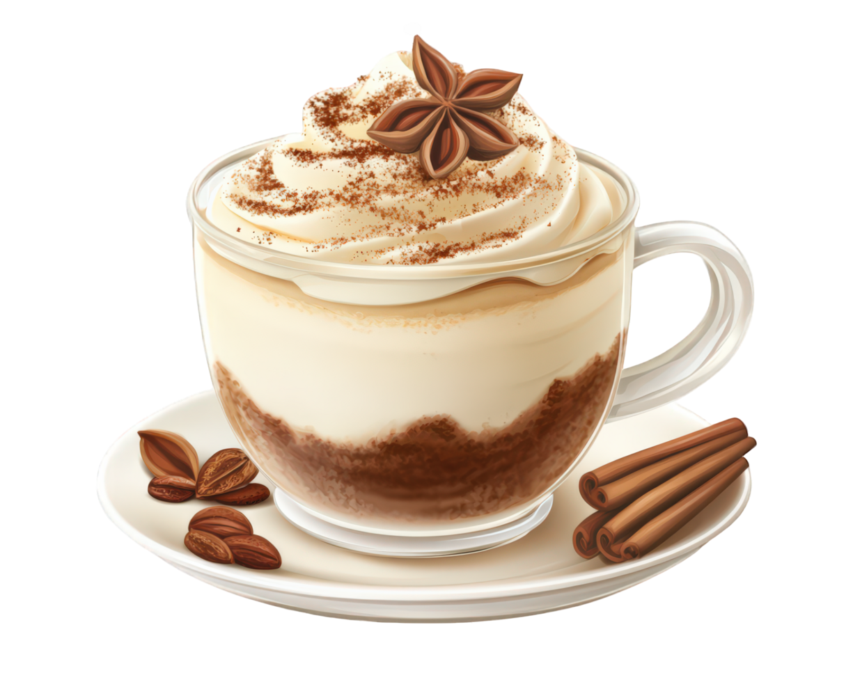 A cup of coffee with whipped cream and cinnamon png