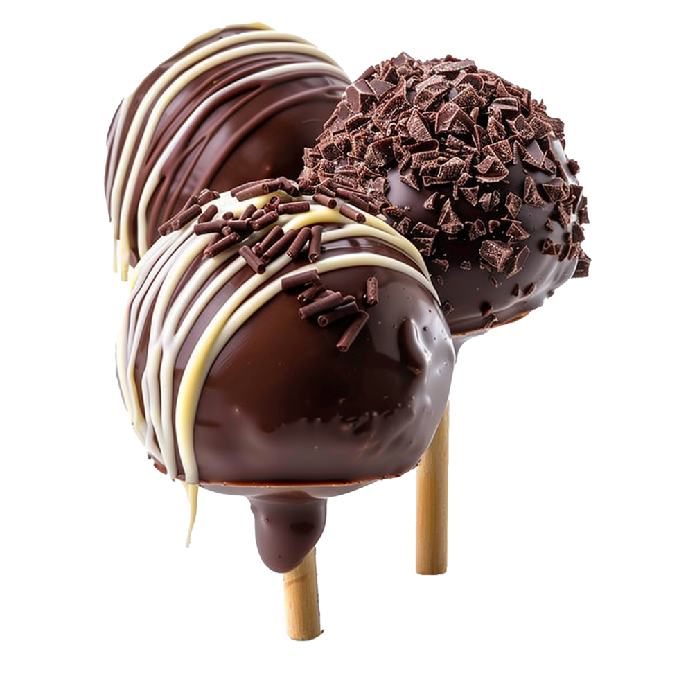 Delicious chocolate cake pops drizzled with white chocolate and chocolate sprinkles, png