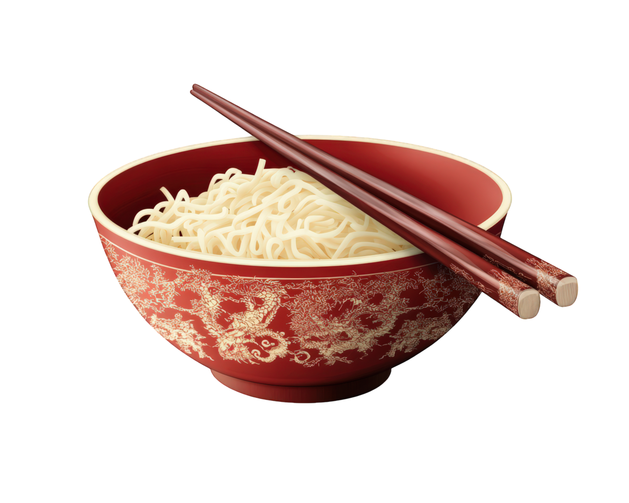 A bowl of noodles with chopsticks on a black background png