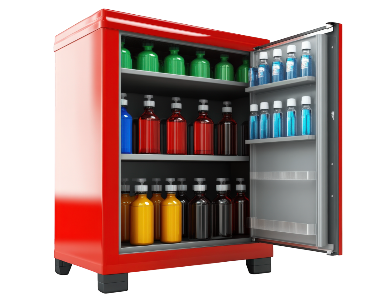 A red refrigerator with bottles and other items inside png