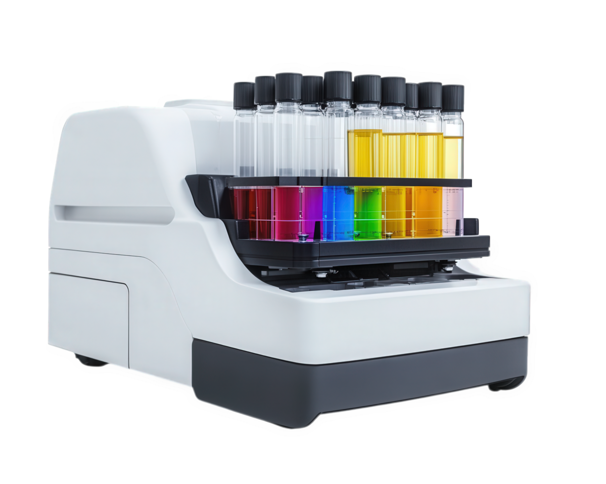 A laboratory machine with multiple tubes of different colors png