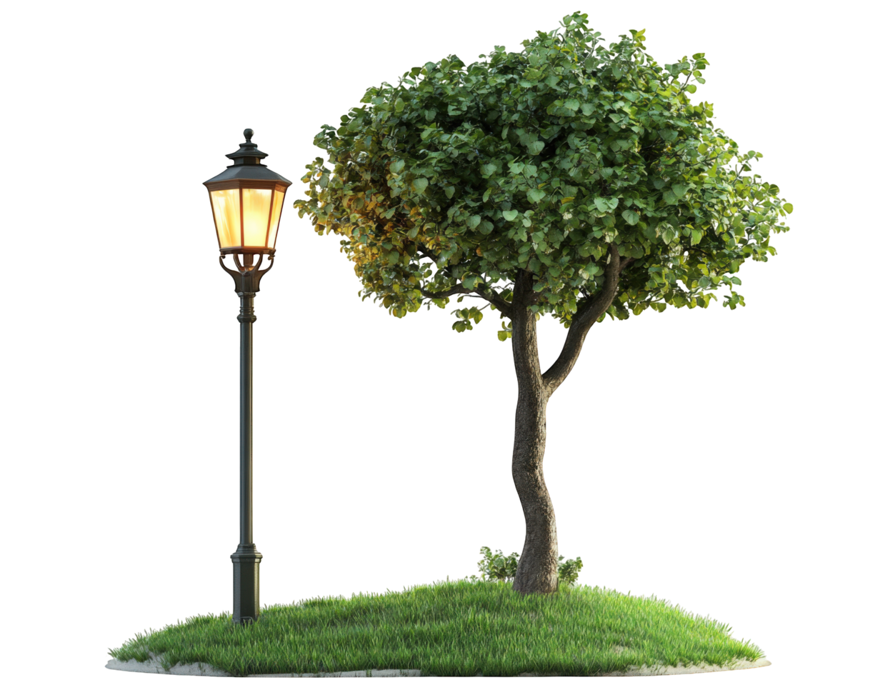 A tree and a lamp post on a grassy island png