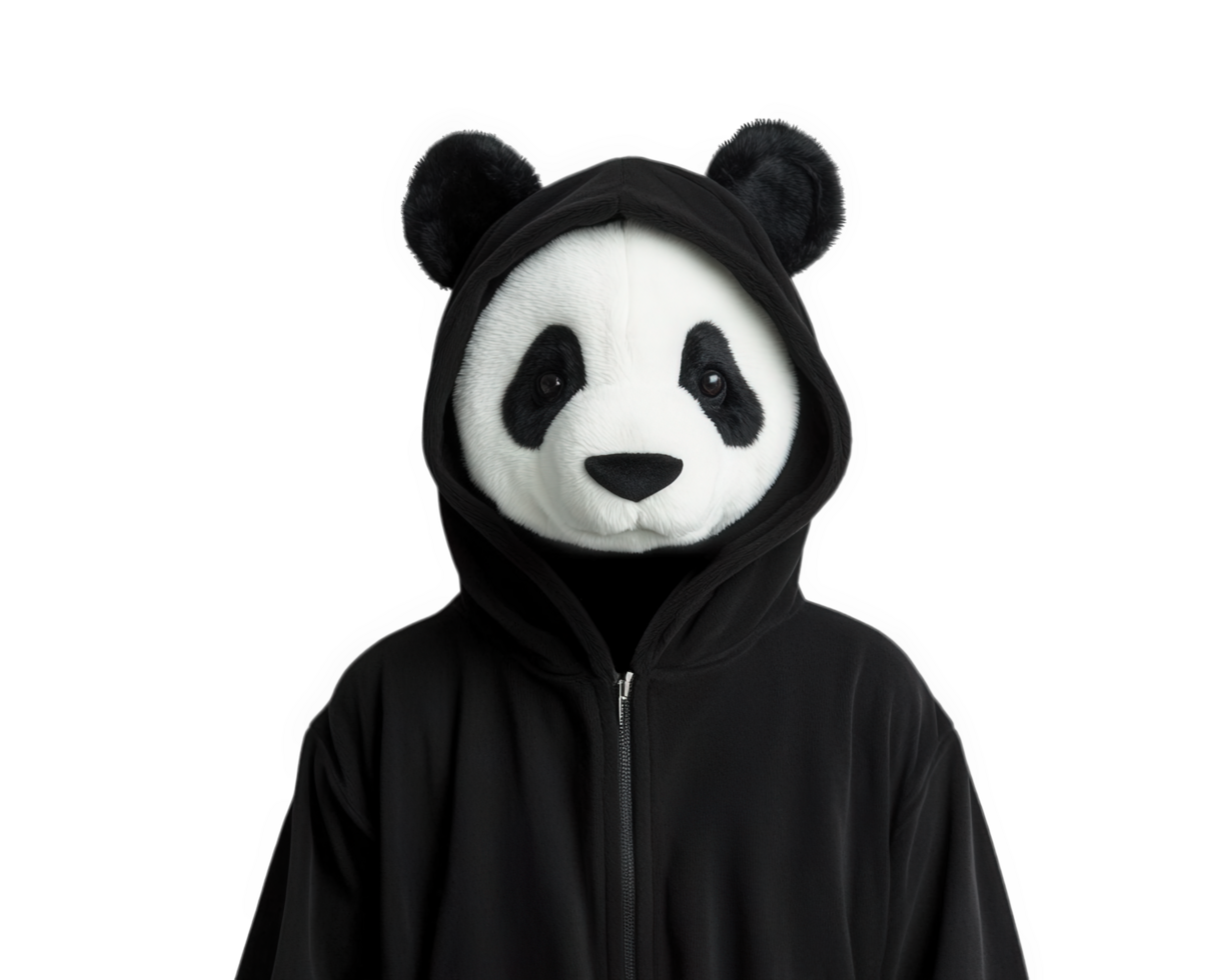 A panda mask is worn by a person in a black hoodie png