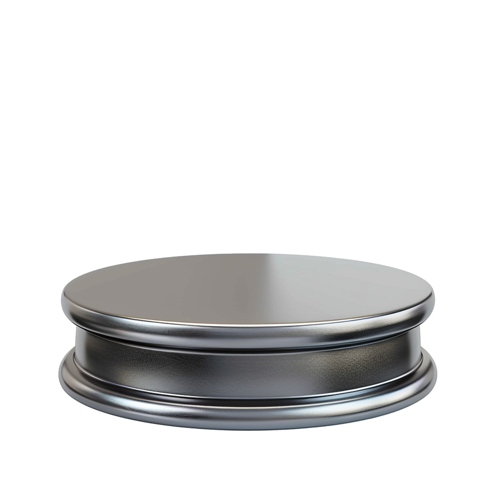 Sleek metallic circular pedestal display stand perfect for showcasing products or awards png