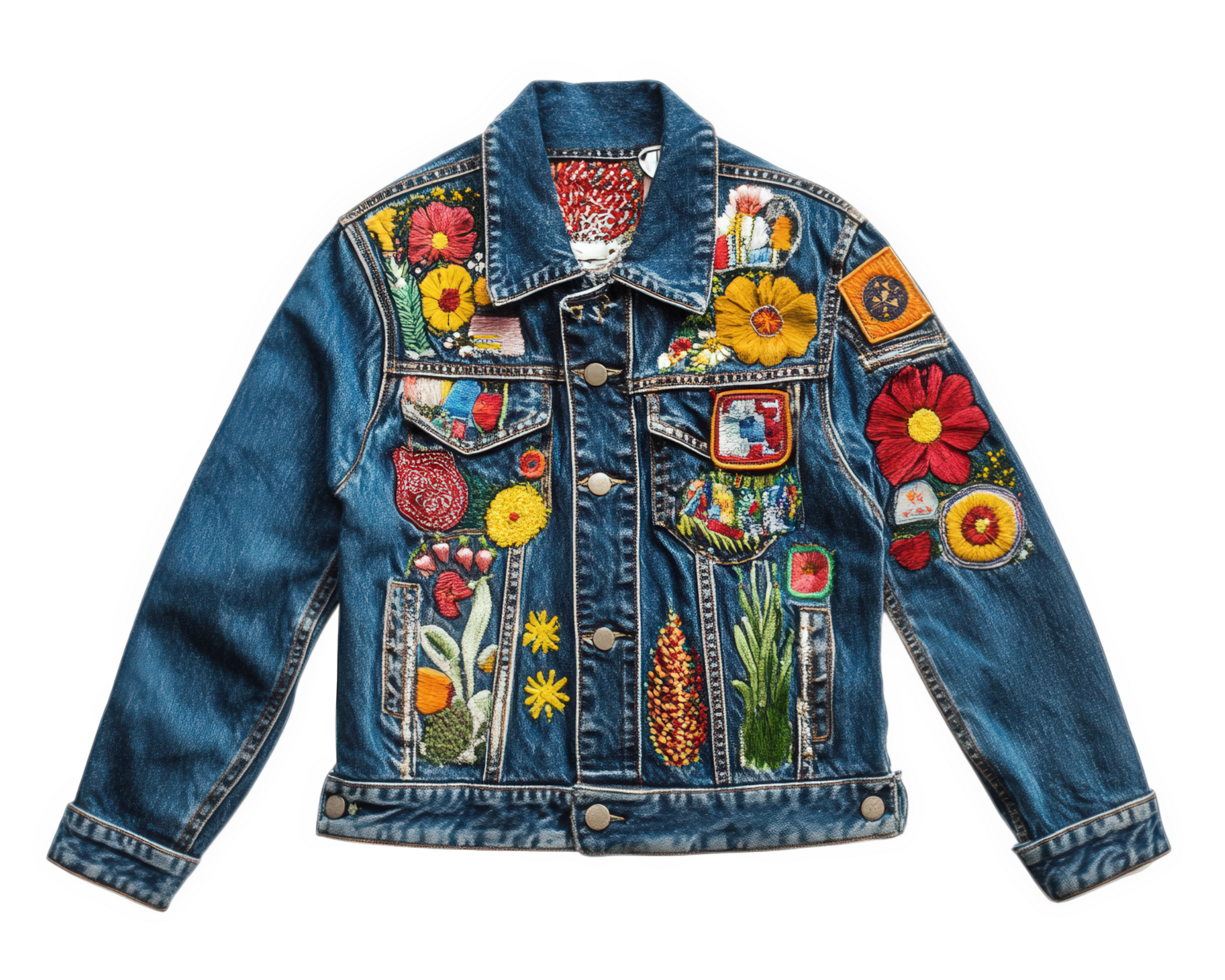 A denim jacket with flowers and other embroidered patches png