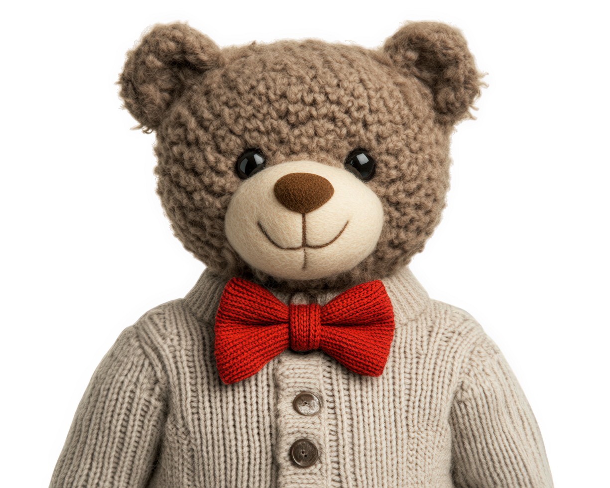 A stuffed teddy bear wearing a sweater and a red bow tie png