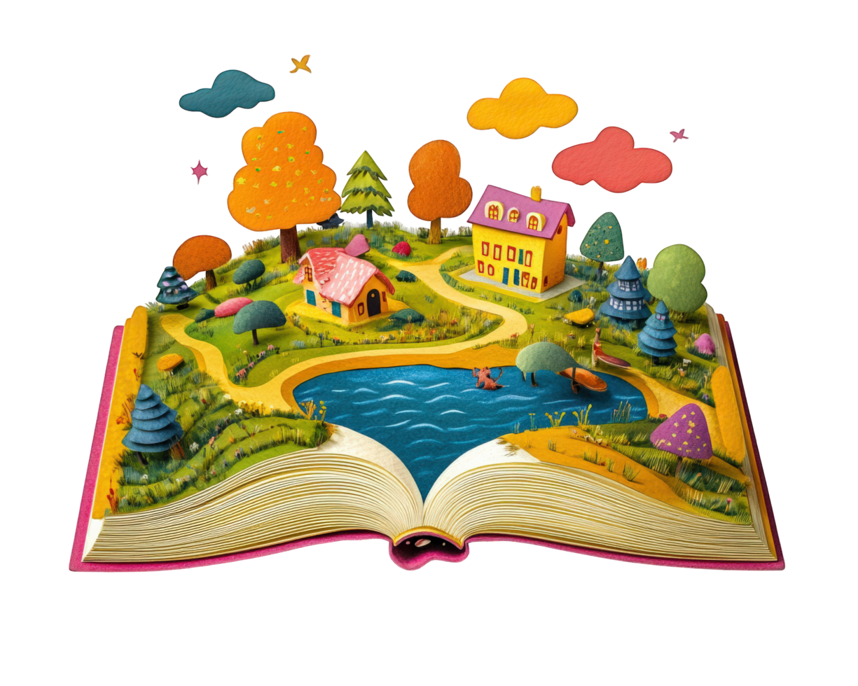 An open book with a house and trees on it png