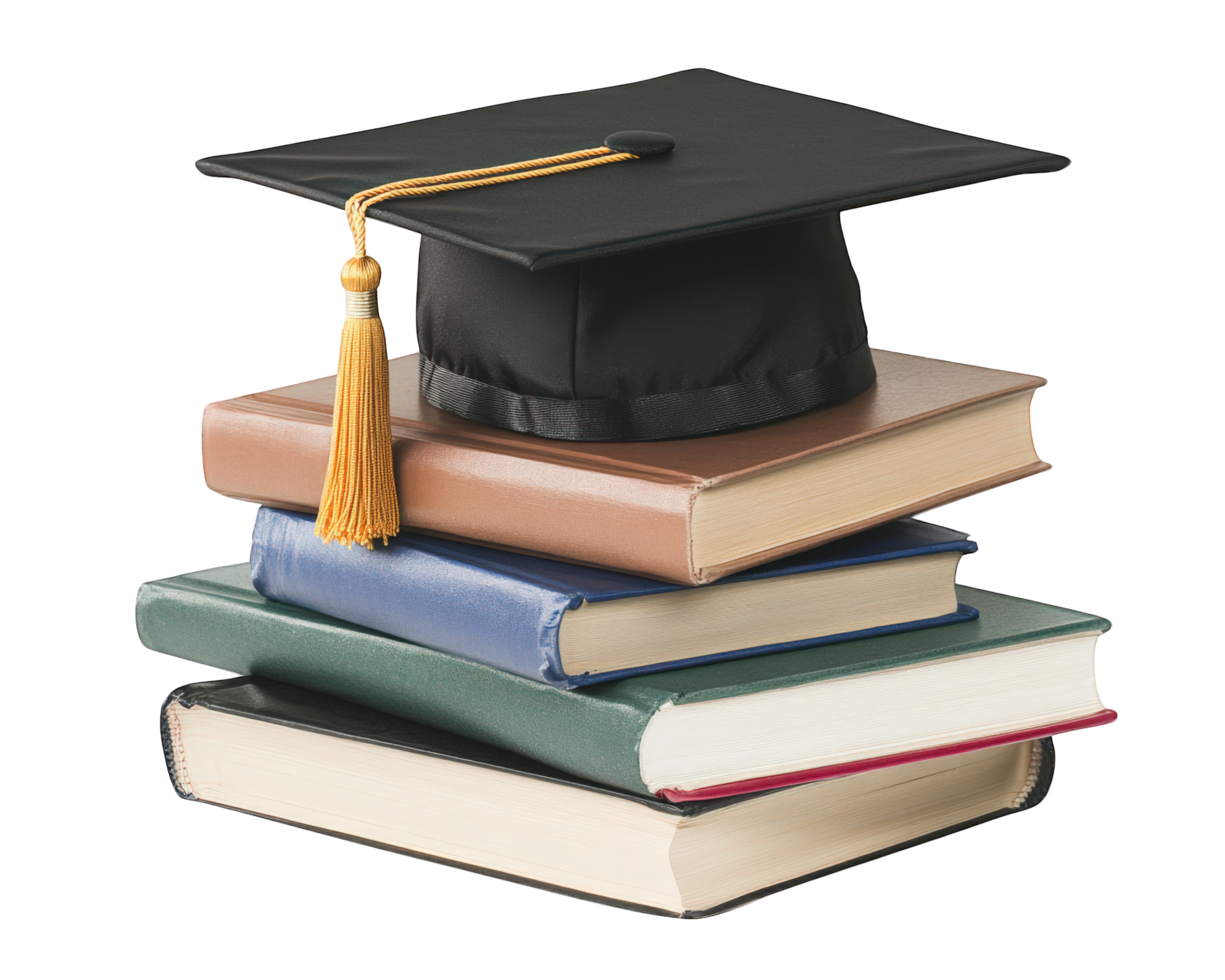 A graduation cap and books on a black background png