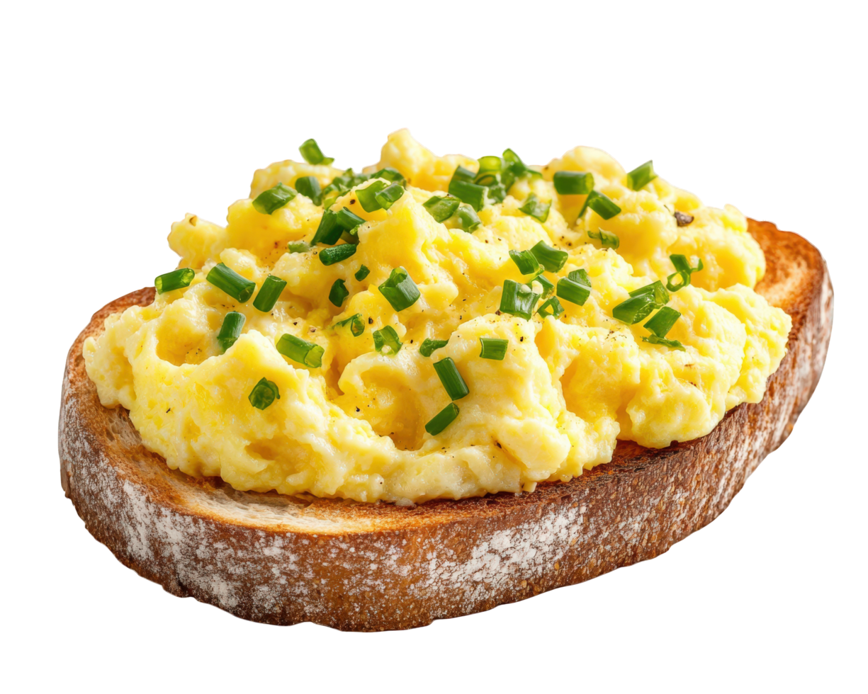 A piece of bread topped with scrambled eggs png