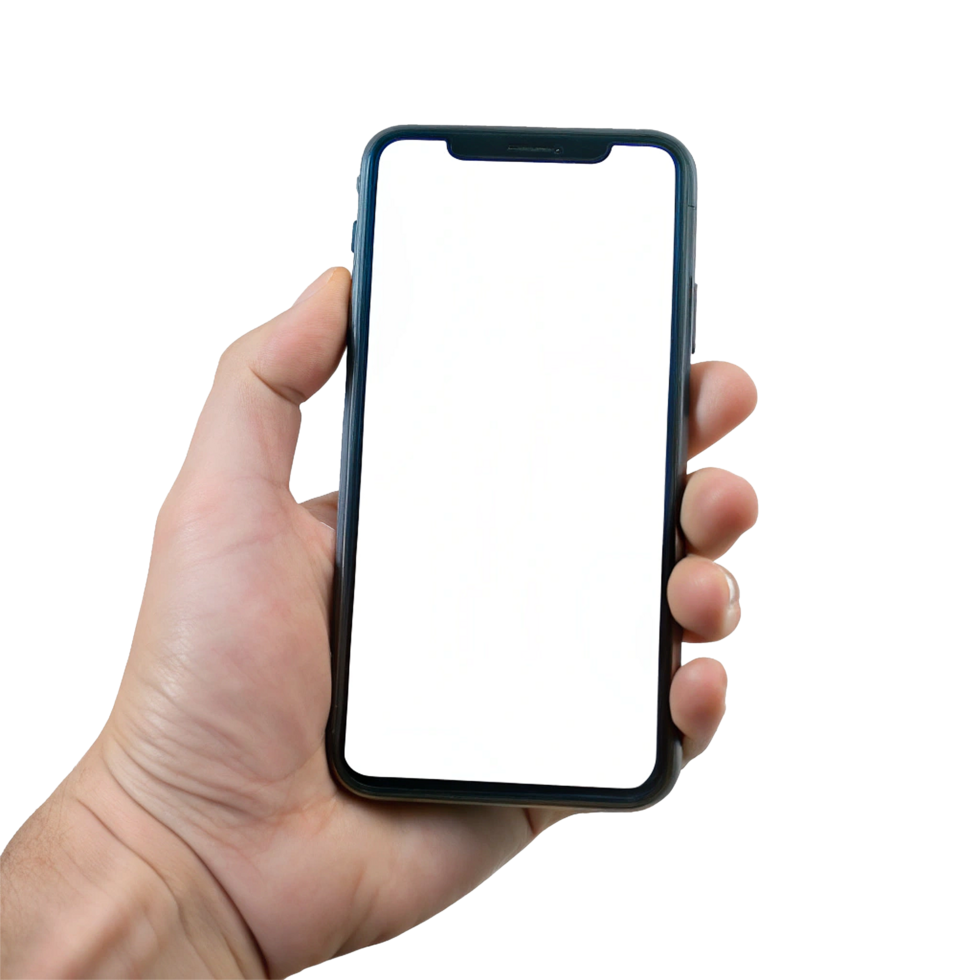 A hand holding a smartphone with a blank white screen showing modern technology and mobile communication png