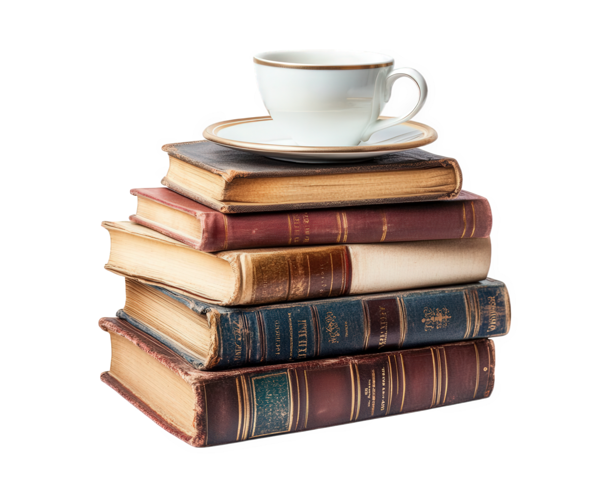 A stack of books and a cup of coffee png