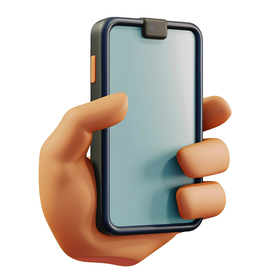 A cartoon hand holding a smartphone with a blank teal screen png