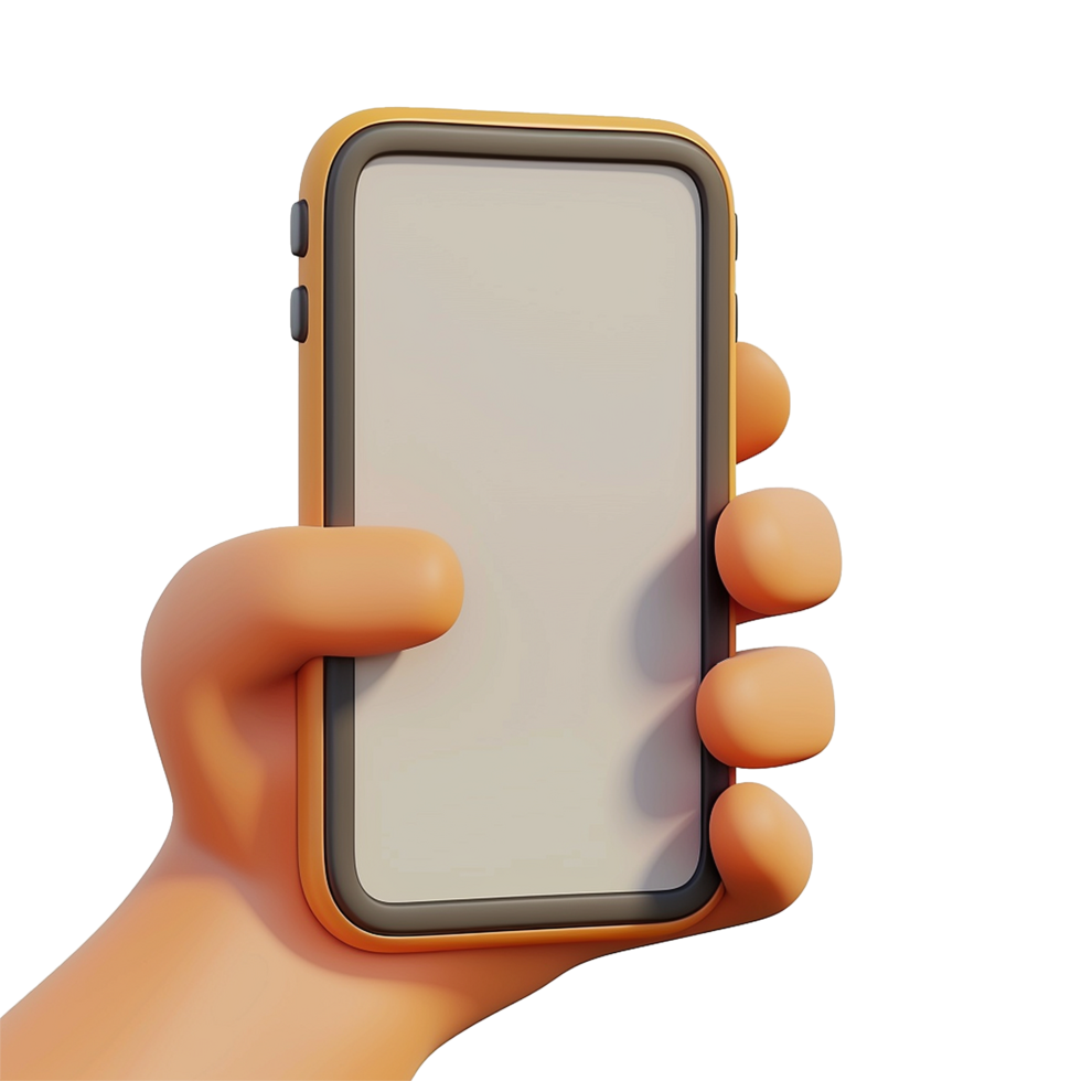 A cartoon hand holding a smartphone with a blank screen mockup for app presentation and UI UX design png