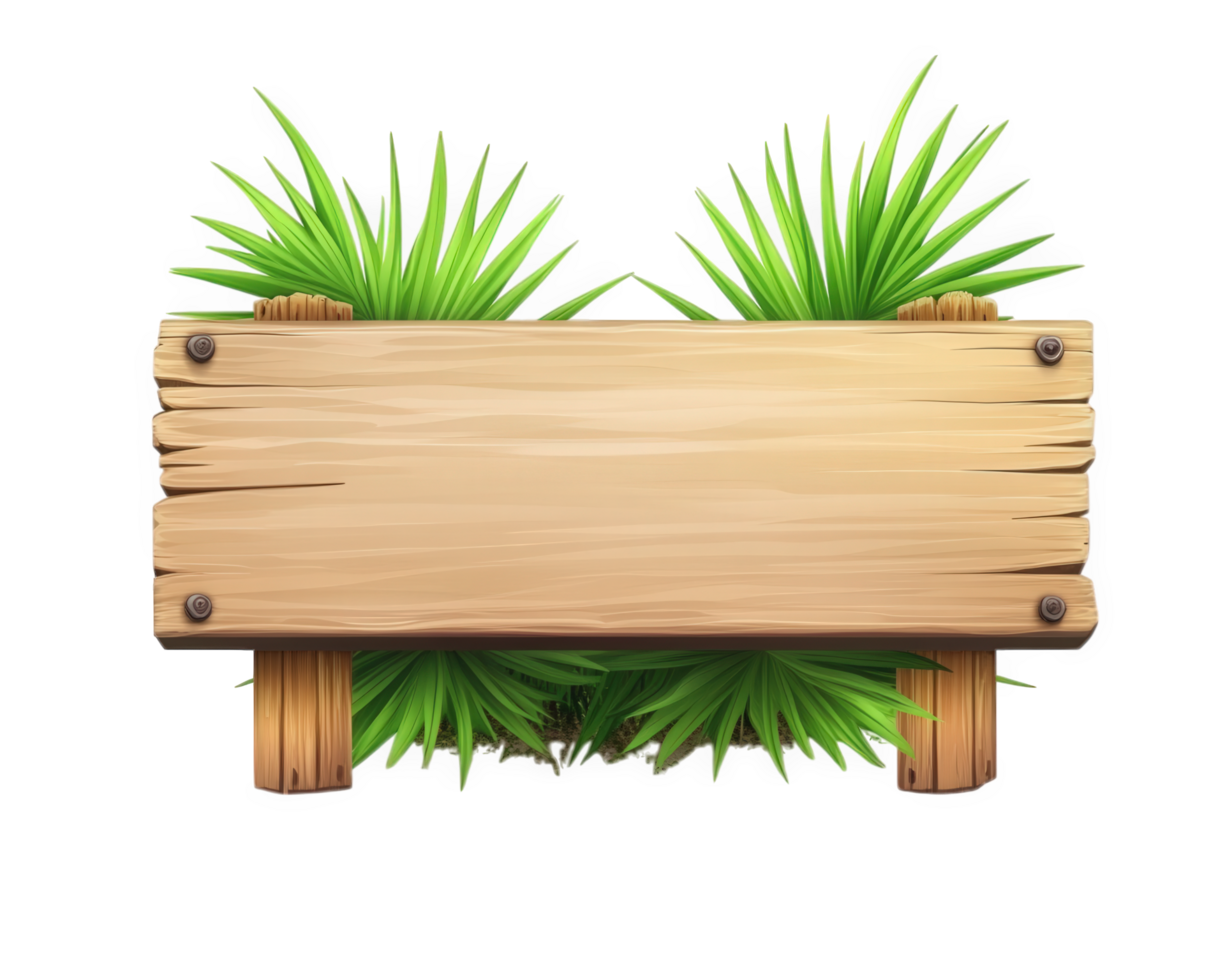 Wooden sign with palm leaves and grass png