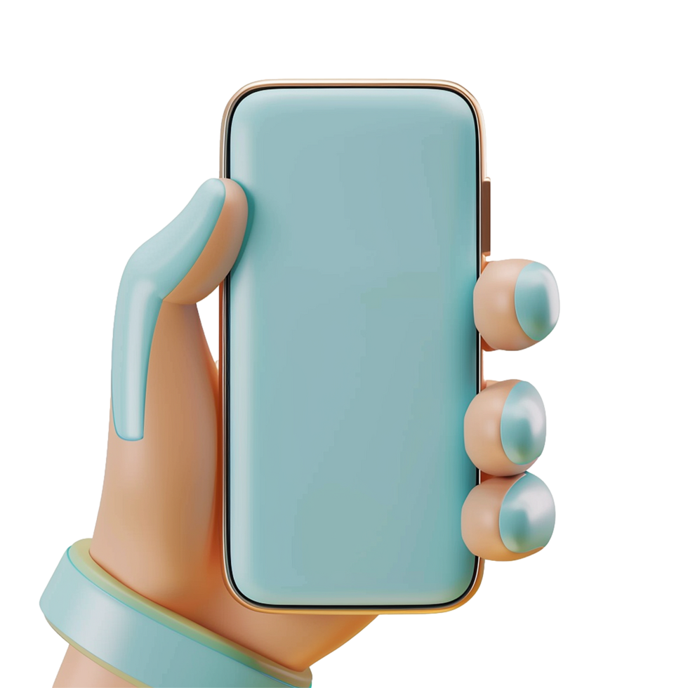 A Cartoon Hand Holding a Teal Smartphone with a Gold Frame png