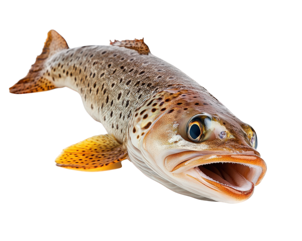 A brown trout with its mouth open png