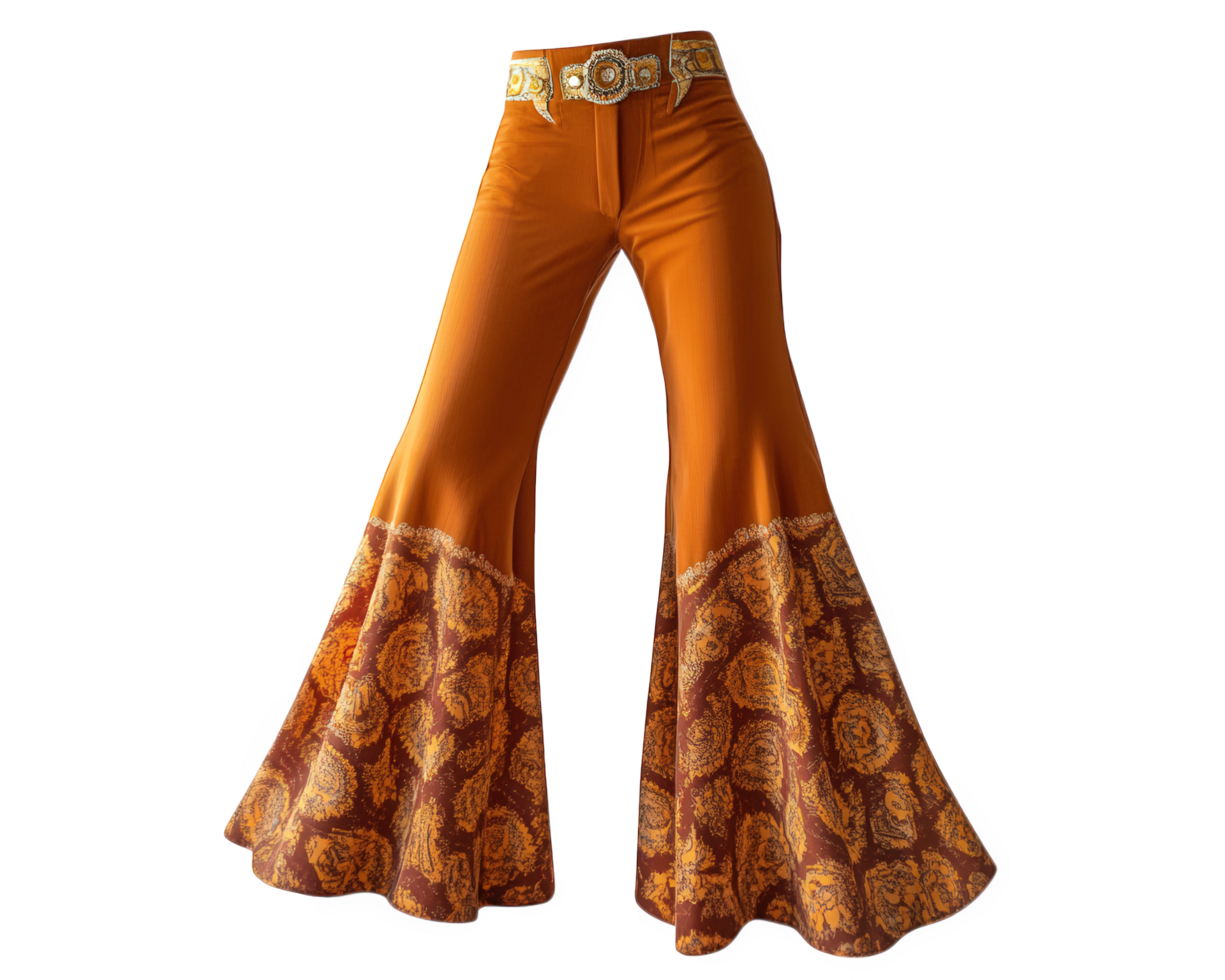 An orange and brown bell bottom pants with paisley print png