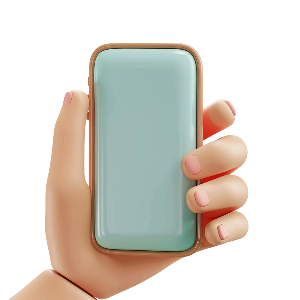 A cartoon hand holding a light teal smartphone with a copper frame png