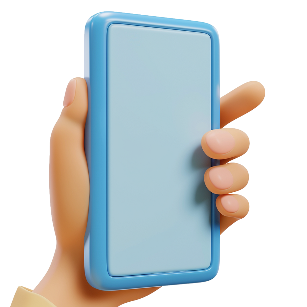 A cartoon hand holding a light blue smartphone with a blank screen, showcasing modern mobile technology and user interface design png