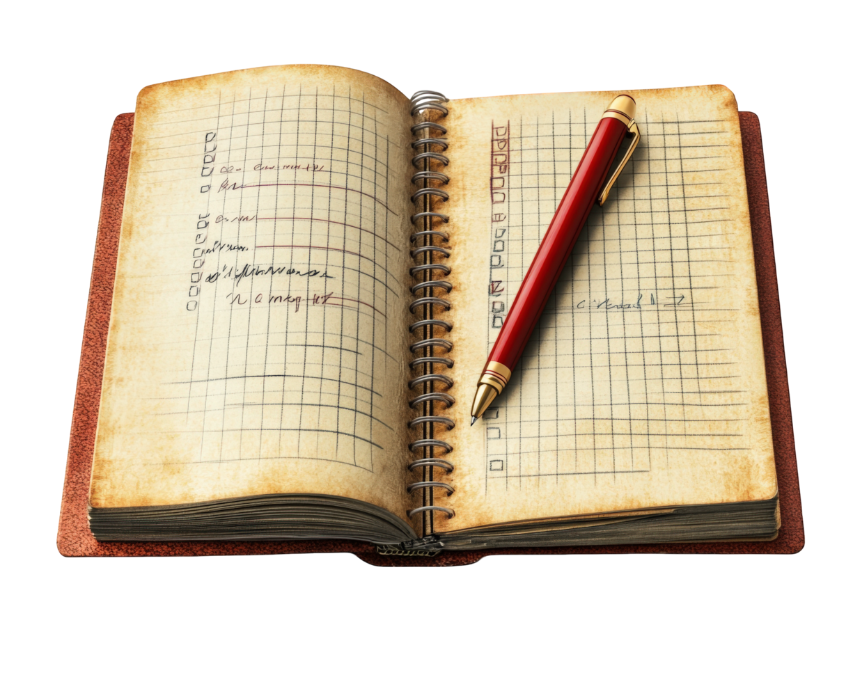 An open notebook with a pen and a pen inside png