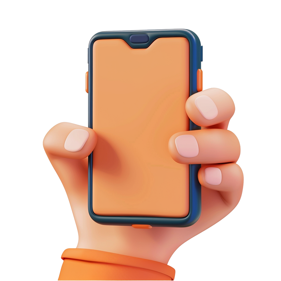 A cartoon hand holding a large modern smartphone with an orange screen png