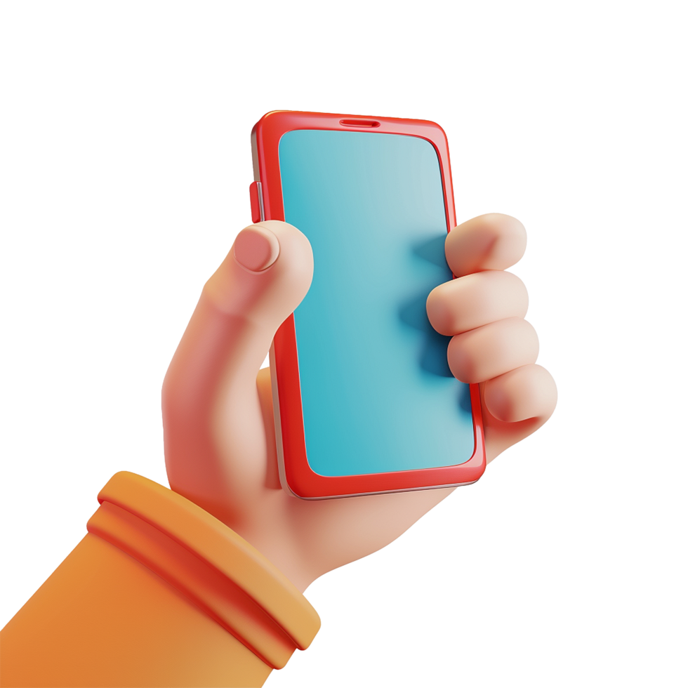 Cartoon Hand Holding a Red Smartphone with a Blank Blue Screen 3D Render Illustration png