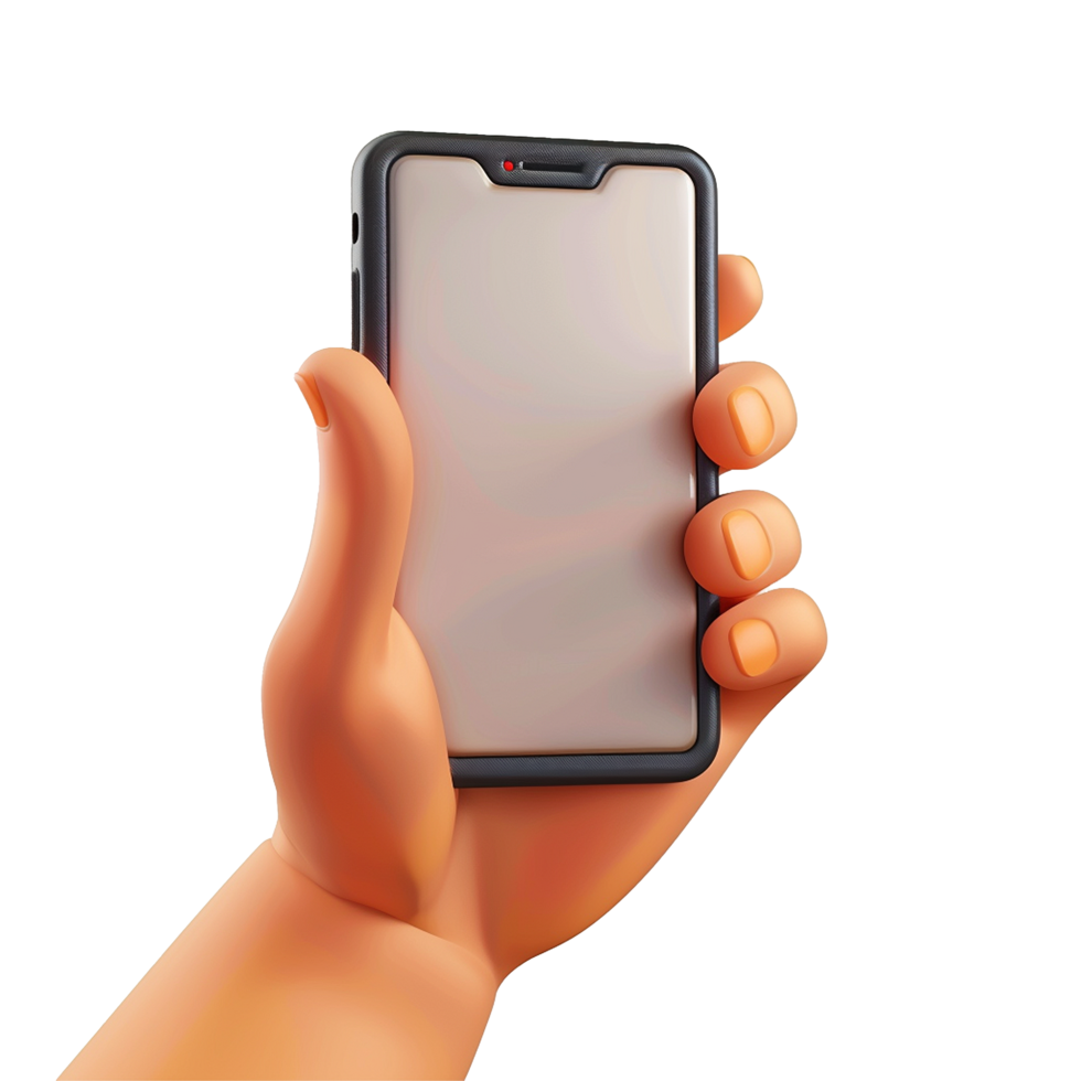 A cartoon hand holding a smartphone with a blank screen for mobile app advertisement and presentation png