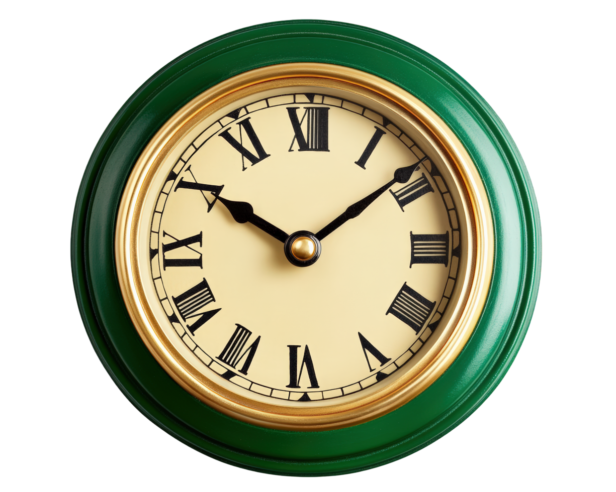 A clock with roman numerals on a green wall png