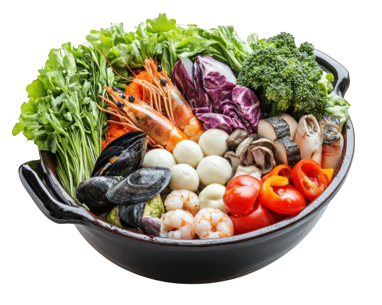 A bowl filled with vegetables and seafood png