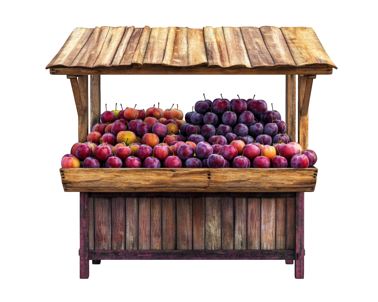 An old wooden fruit stand with plums on it png