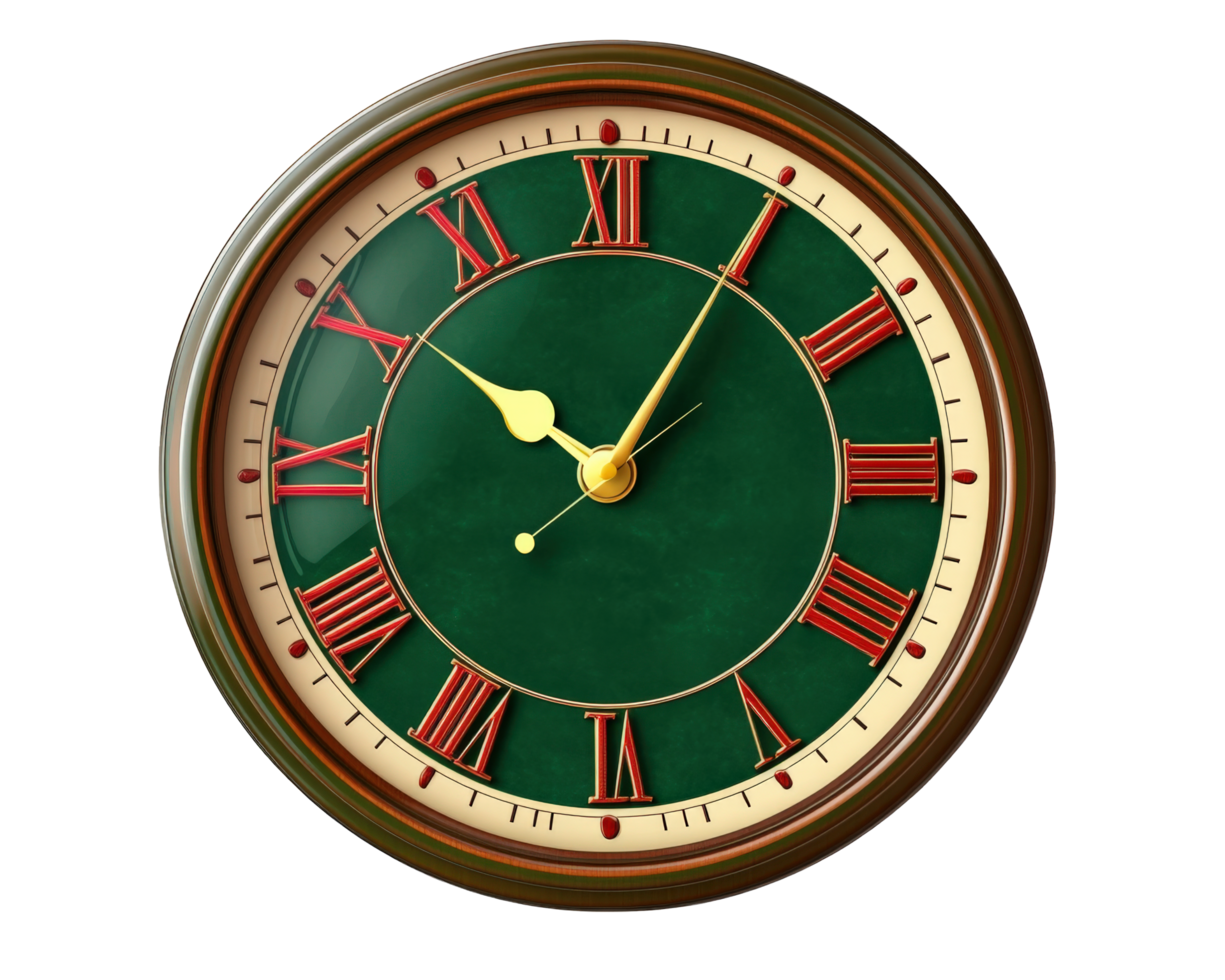 A clock with roman numerals on a green background png