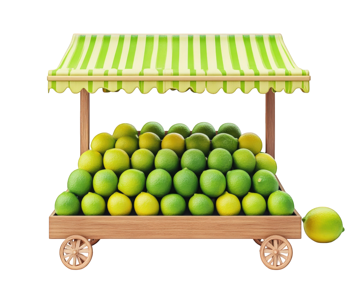 A cart with green limes and a green awning png