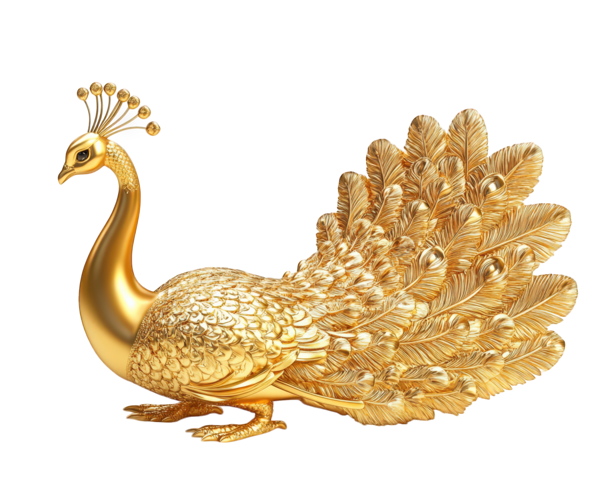 Golden peacock statue isolated on black background png