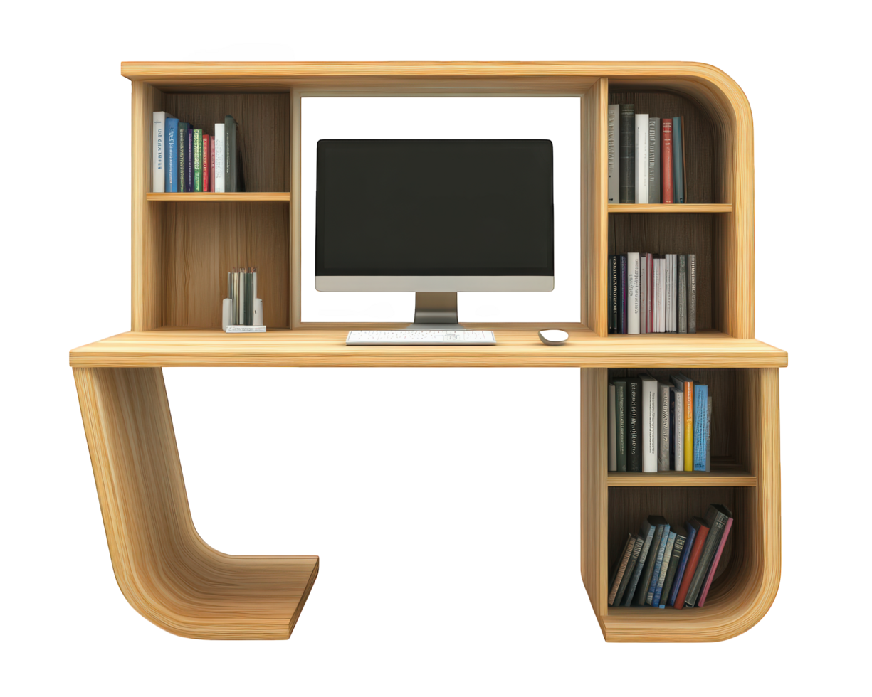 A computer desk with a monitor and bookshelf png