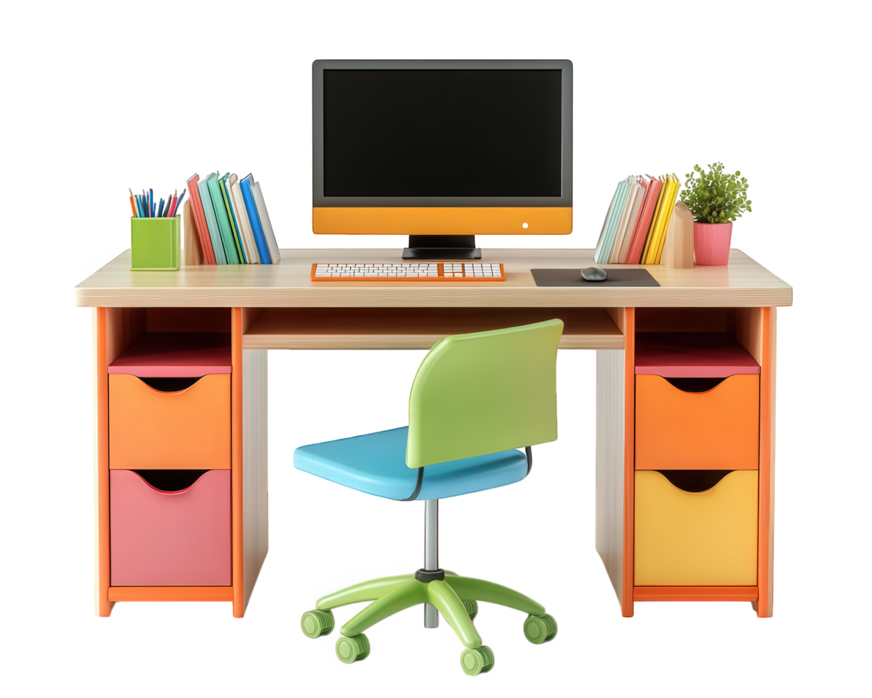 A desk with a computer, chair and bookshelf png