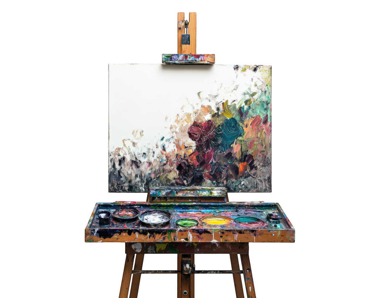 An easel with paints and brushes on it png