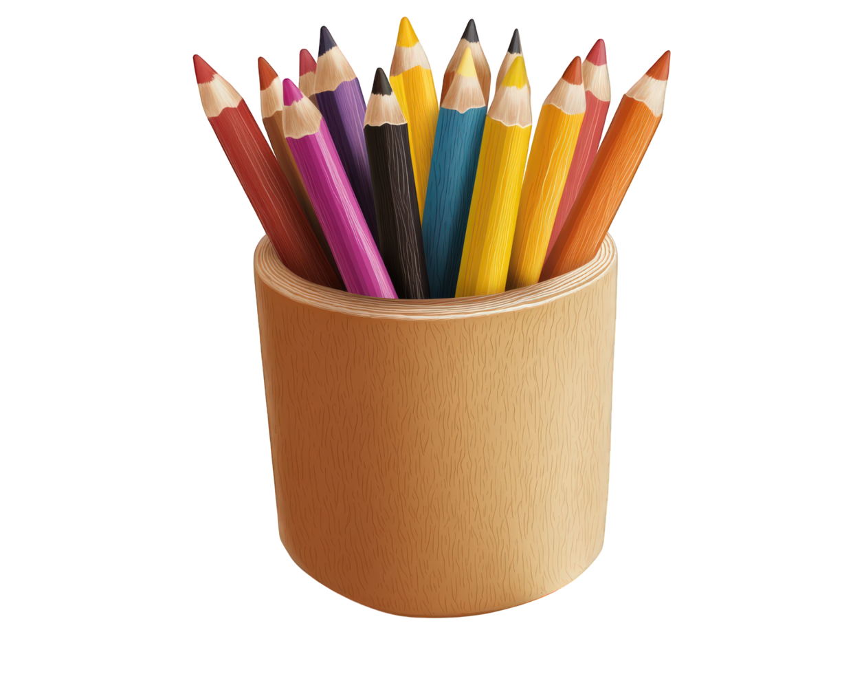 A wooden container with a bunch of colored pencils png