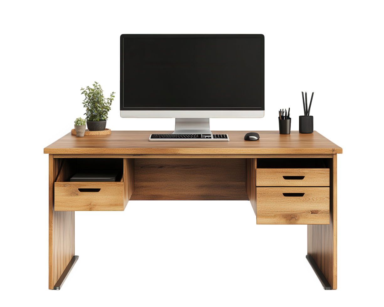 A computer desk with drawers and a monitor png