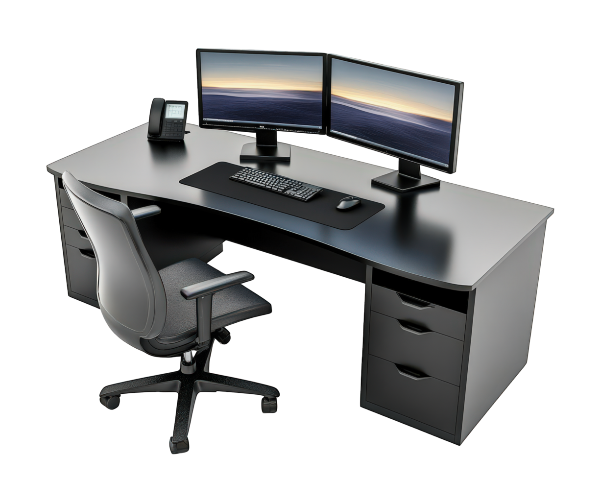 A computer desk with two monitors and a chair png