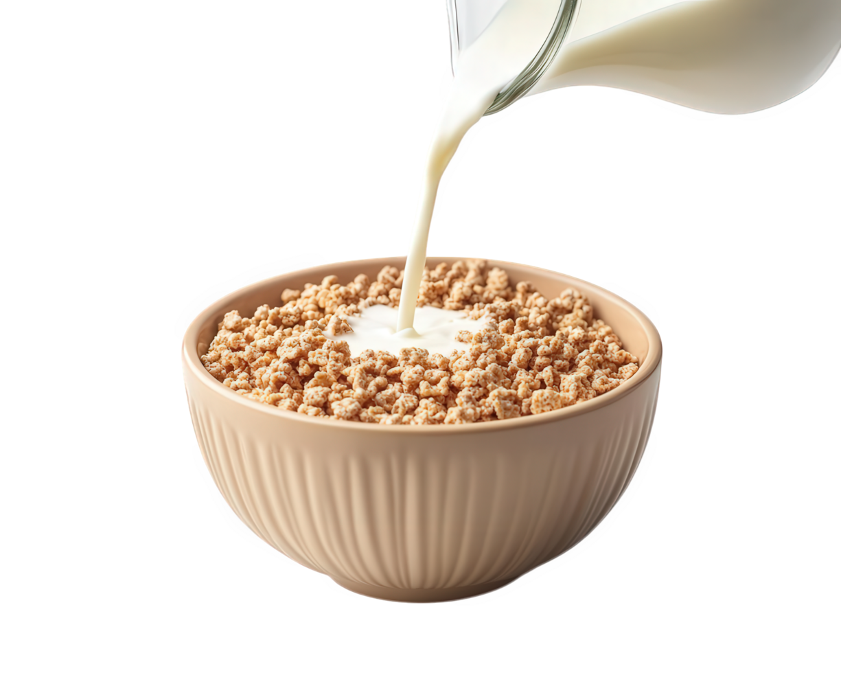 A bowl of cereal is being poured with milk png