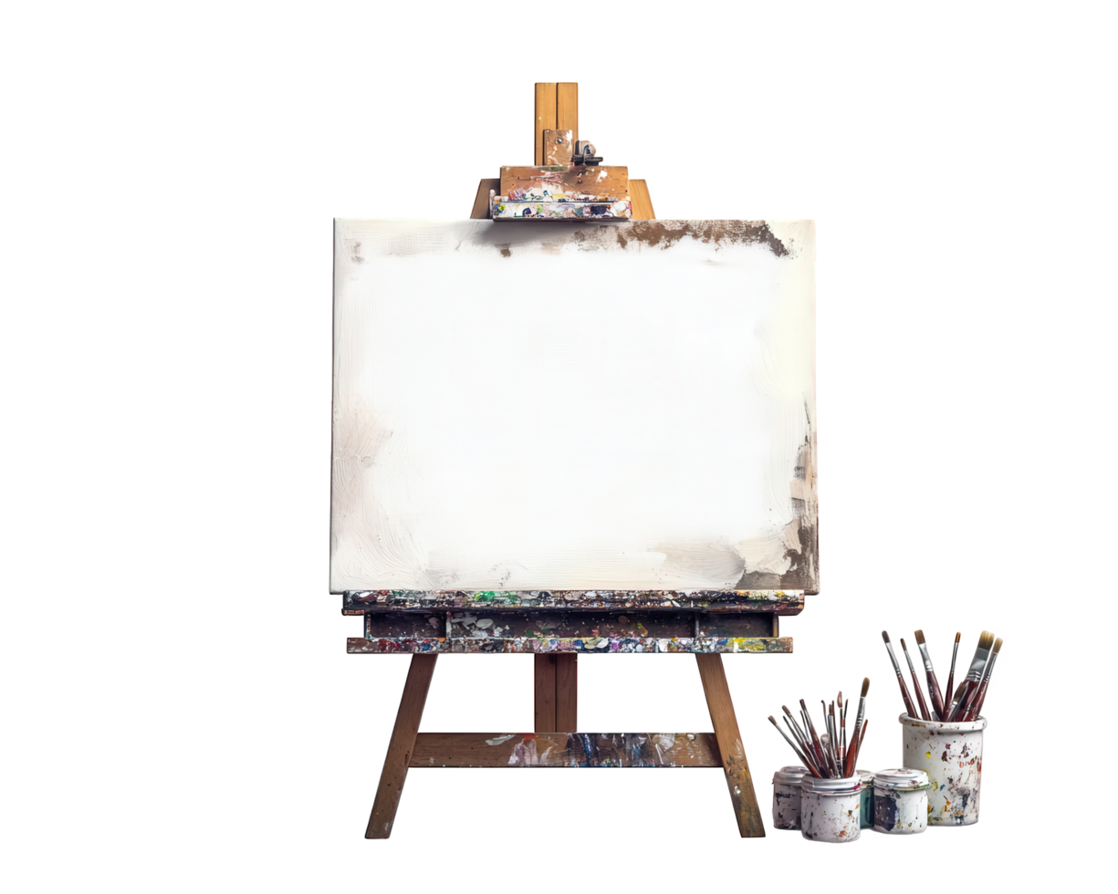 An easel with paint brushes and a blank canvas png