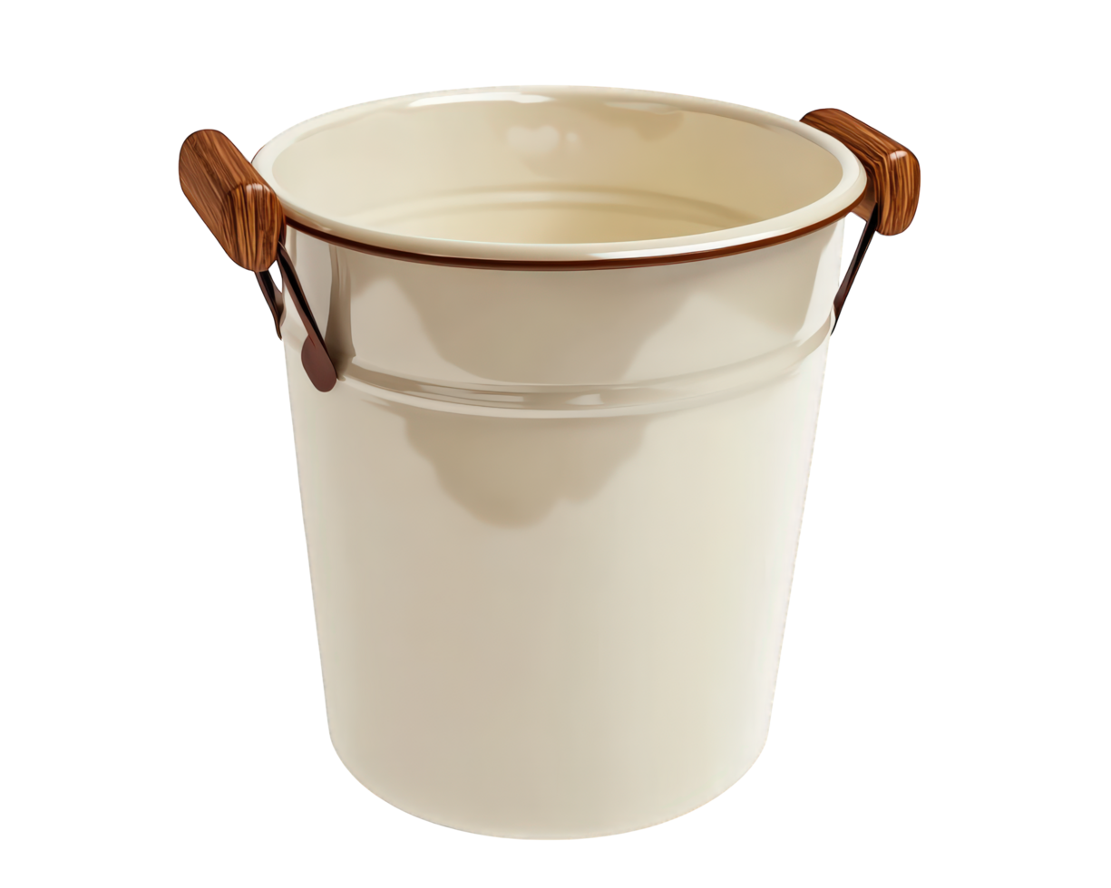 A white bucket with wooden handles on a black background png