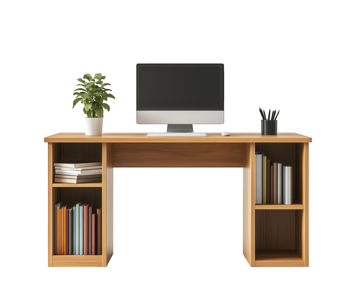 A computer desk with books and a plant png
